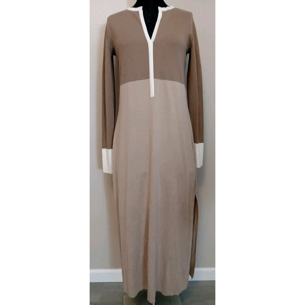 max mara Women Brown Beige Colorblock Ivory Trim‎ Vneck Longsleeve Dress Size M